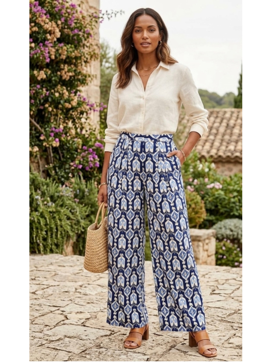 J. McLaughlin Pants - NWT J. McLaughlin Amal Wide Leg Pants Blue Ikat Geometric Tribal Print Size 6